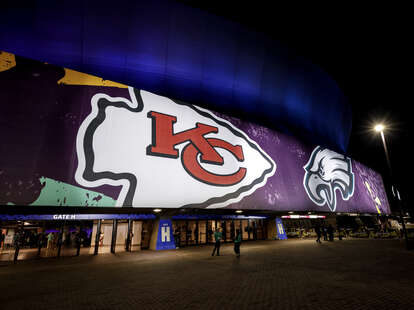 the marquee at caesars superdome football arena in new orleans, host of the 2025 super bowl