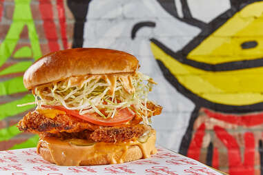 fried chicken sandwich on a table at chicken guy in las vegas