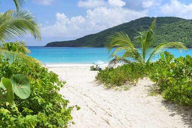 Flamenco Beach with white sand and clear blue water on Caribbean island of Isla Culebra in Puerto Rico