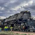 A side profile view of the infamous train "Big Boy" which is the largest operating steam engine train in the world. 