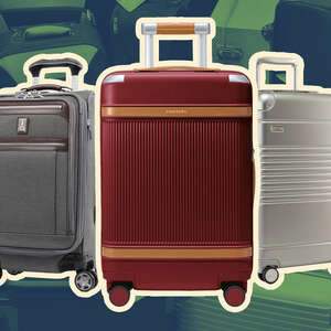 A collage of Samsonite and Delsey roller luggage, over green and blue background. 